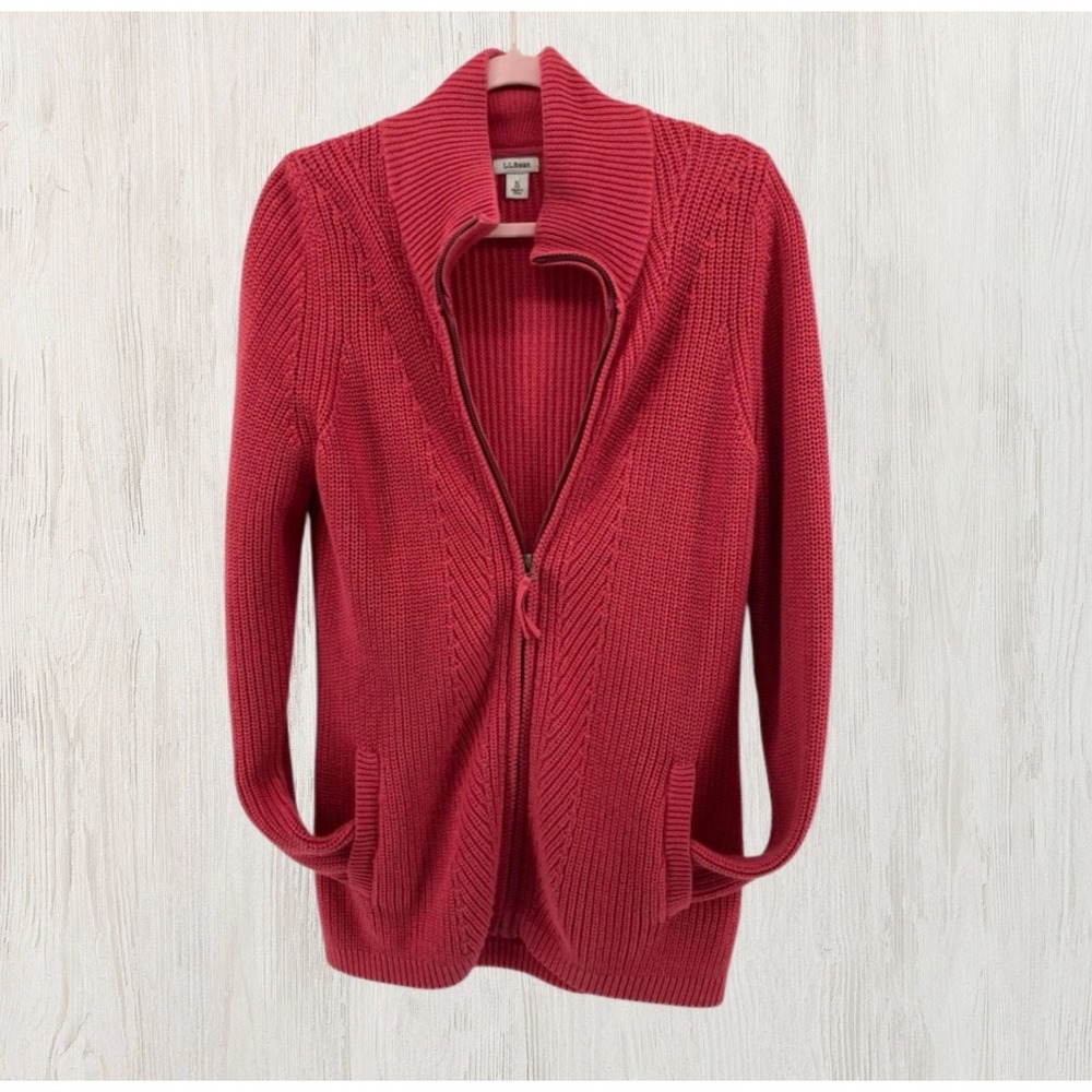LL Bean Women M Zip Cardigan Chunky Knit Cotton Sweater Coral Pink Cozy Pockets